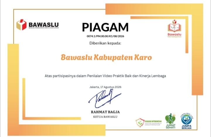 Karo — Badan Pengawas Pemilihan Umum (Bawaslu) Kabupaten Karo menerima piagam penghargaan atas partisipasi dalam kegiatan penilaian video praktik baik dan kinerja lembaga.