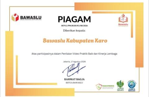 Karo — Badan Pengawas Pemilihan Umum (Bawaslu) Kabupaten Karo menerima piagam penghargaan atas partisipasi dalam kegiatan penilaian video praktik baik dan kinerja lembaga.